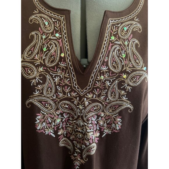 White Stag Ladies XL Brown Embroidered V Neck Long Sleeve Tunic Top - Picture 2 of 6